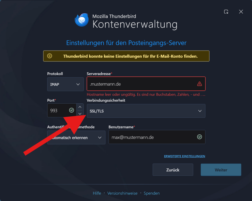 TLS in den Kontoeinstellungen